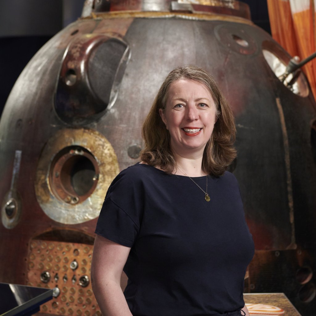 Portraits of Libby Jackson, Head of Space in the Exploring Space Gallery within the Science Museum (SCM). Photographed in front of the Luner Excursion Module (LEM) and the Soyuz Module on the 13th May 2025